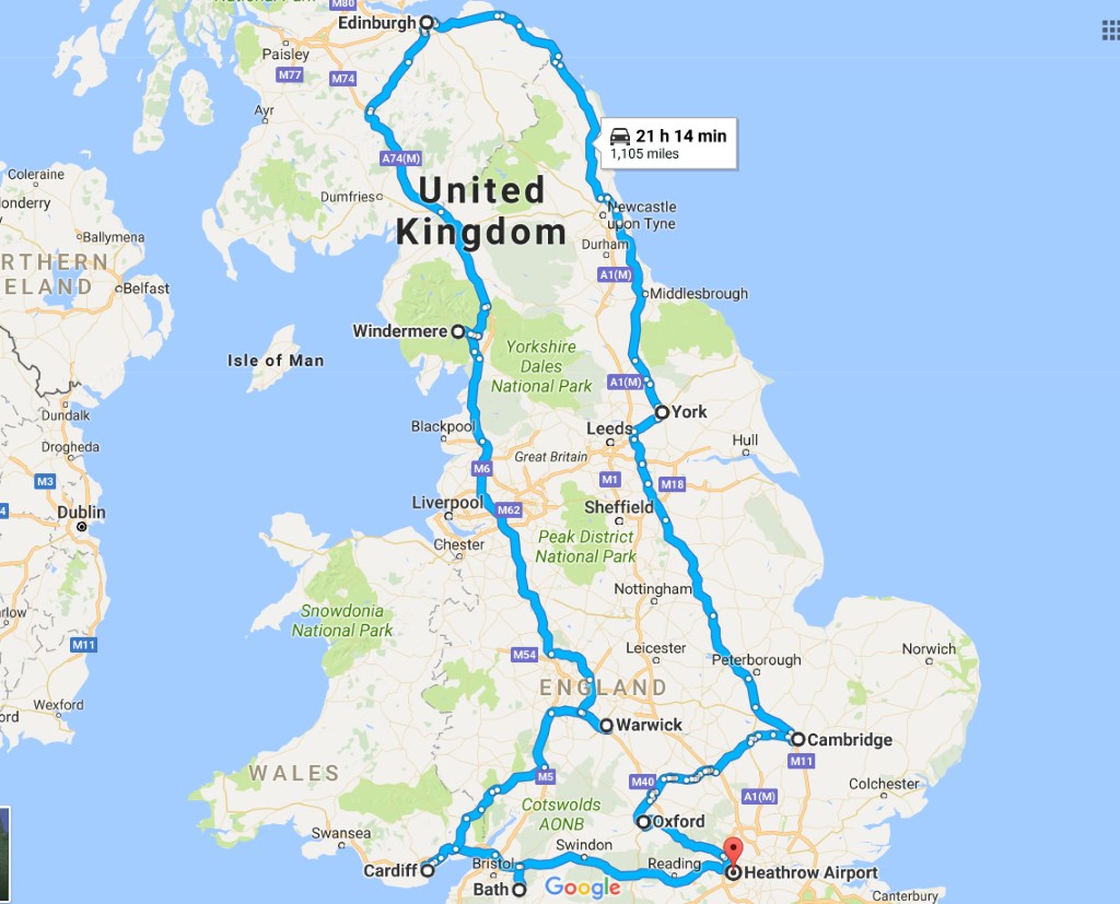 UK Self Drive Itinerary Covering England, Wales & Scotland, the entire